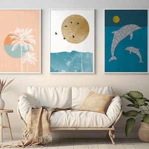 Summer Beach Wall Art Set of 3, Seascape Printable Wall Art,  Coastal Beach Wall Art, Nautical Decor, Vintage Beach Prints, Digital Download