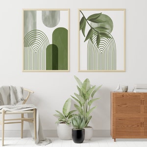 Mid Century Modern Boho Wall Art Set of 2 Home Decor, Green Wall Art Print, Botanical Wall Art, Gallery Wall Set, Geometric Minimalist Print