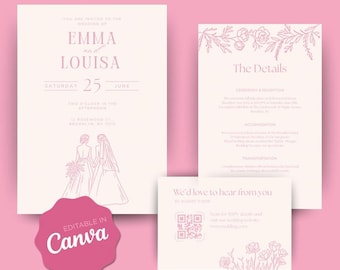Wedding Invite Template | Lesbian Wedding Invitation Suite | Editable Canva Download | Elegant Hand-Drawn Illustration