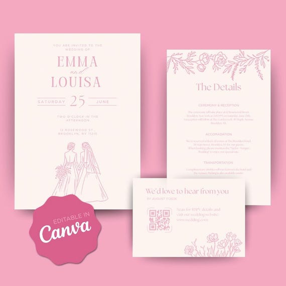 Wedding Invite Template | Lesbian Wedding Invitation Suite | Editable Canva Download | Elegant Hand-Drawn Illustration