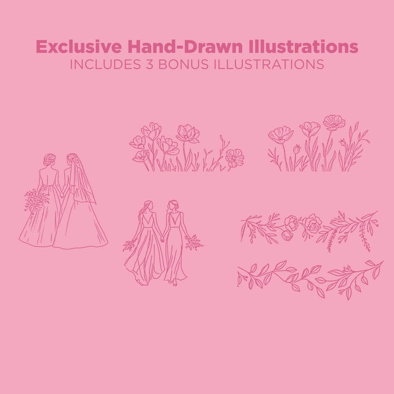 Sjabloon voor trouwuitnodiging | Trouwuitnodigingsset voor lesbische stellen | Bewerkbare Canva-download | Elegante handgetekende illustratie afbeelding 3