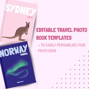 May include: Two photo book covers with editable templates. The first cover is pink with a kangaroo and the text "SYDNEY 2025". The second cover is blue with a green aurora borealis and the text "NORWAY TRAVEL JANUARY 2025".