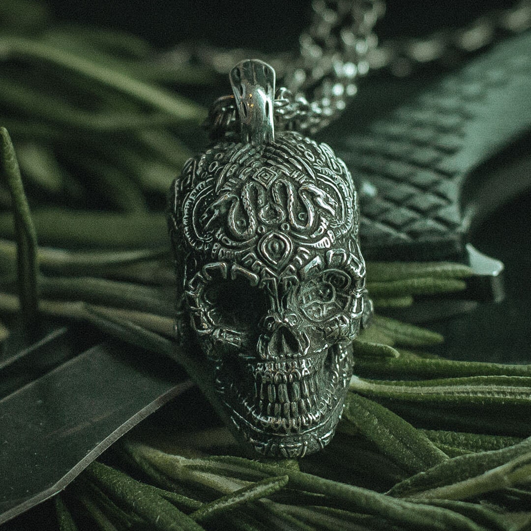 Silver Skull Necklace Mexican Aztec Skull Charm Silver Etsy