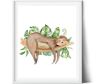 Lazy Sloth on a Branch Watercolor Digital Art Print | Sloth Art Prints | Digital Download and Print