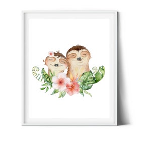 May include: Watercolor illustration of two smiling sloths with closed eyes, surrounded by tropical flowers and foliage. The artwork features a white frame, with the sloths and floral elements in soft, warm colors.