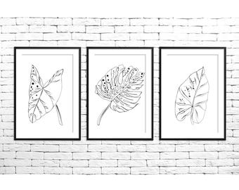 Impressions de feuilles tropicales : décoration murale en noir et blanc, lot de 3 (téléchargement numérique)