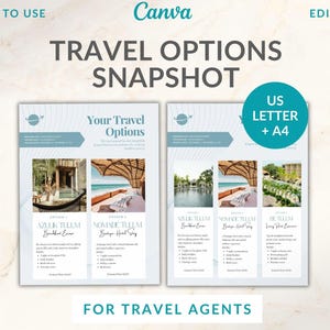 Può includere: Un modello Canva intitolato "Snapshot delle opzioni di viaggio" con un design azzurro e bianco. Il modello include immagini di destinazioni di vacanza e il testo "Le tue opzioni di viaggio" e "Per agenti di viaggio". Il modello è disponibile nei formati US Letter e A4.