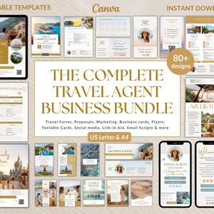 Può includere: Una raccolta di modelli digitali per agenti di viaggio, tra cui biglietti da visita, volantini e grafica per i social media. Il design presenta una combinazione di colori oro e bianco con immagini di destinazioni di viaggio. Il testo recita "THE COMPLETE TRAVEL AGENT BUSINESS BUNDLE".