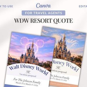 May include: Two travel proposal templates for Walt Disney World. Each features a castle image with fireworks. The text includes "WDW Resort Quote", "Vacation proposal", and "For The Johnson Family", with dates.