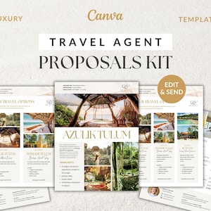 Könnte beinhalten: Eine Vorlage für ein Reisebüro-Vorschlagskit mit den Worten "Luxury", "Canva", "Travel Agent" und "Proposals Kit". Die Vorlage enthält Reisebeispiele mit Bildern und dem Text "Edit & Send".