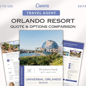 May include: A promotional graphic for a travel agent, featuring the text "Orlando Resort Quote & Options Comparison." The image includes a central photo of Universal Orlando Resort, flanked by resort option details. The design is in shades of blue and white.