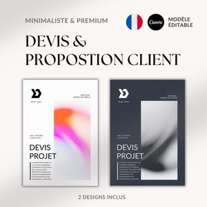 Puede incluir: Dos plantillas de diseño para una propuesta de cliente. Las plantillas muestran las palabras francesas "DEVIS & PROPOSTION CLIENT". Las plantillas tienen un diseño minimalista con un logotipo y gradientes de color abstractos. También se ve el texto "2 DESIGNS INCLUS".