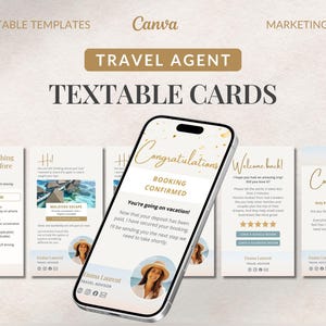 May include: A digital marketing kit for travel agents, featuring editable templates and textable cards. The design includes a smartphone displaying a booking confirmation message, with additional cards listing travel essentials and countdowns.