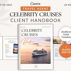 Könnte beinhalten: Eine 39-seitige, bearbeitbare Canva-Vorlage für ein Reisebüro-Kundenhandbuch für Celebrity Cruises. Das Cover zeigt ein Kreuzfahrtschiff auf dem Ozean bei Sonnenuntergang mit dem Text Celebrity Cruises Handbook, Summer 2026.