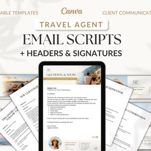 May include: A digital product mockup featuring a tablet displaying travel agent email scripts, headers, and signatures. The design includes editable templates, client communication, and the Canva logo. Various email examples are visible.