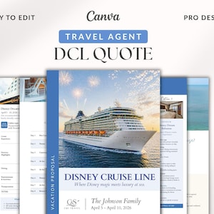 May include: A travel agent's DCL quote template with a Disney Cruise Line theme. The design features a cruise ship on the ocean with fireworks, and the text "Disney Cruise Line" and "The Johnson Family". The template is easy to edit.