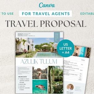 Könnte beinhalten: Eine Vorlage für Reiseangebote mit dem Text "TRAVEL PROPOSAL" und "FOR TRAVEL AGENTS". Die Vorlage enthält Bilder eines Resorts und einer Schildkröte. Das Design ist in Blau- und Weißtönen gehalten, mit dem Canva-Logo oben.