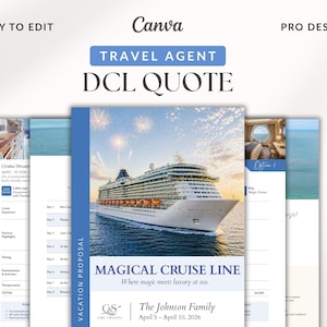 May include: A digital travel agent DCL quote template for Canva featuring a large cruise ship on the ocean with fireworks in the sky. The document includes text such as TRAVEL AGENT, DCL QUOTE, MAGICAL CRUISE LINE, and The Johnson Family April 5-10, 2026.