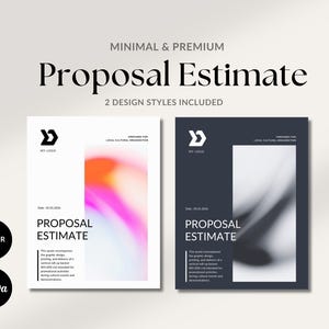 Könnte beinhalten: Minimalistisches Design mit zwei Angebotsschablonen. Eines hat einen leuchtenden Orange- und Pinkverlauf, das andere einen dunkelblauen Hintergrund mit einem verschwommenen weißen Design. Enthält den Text "Proposal Estimate" und "2 Design Styles Included".