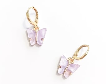 Lilac Purple Butterfly Huggies | Butterfly Earrings | Gold Earrings | Dainty Earrings | Hoop Earrings |