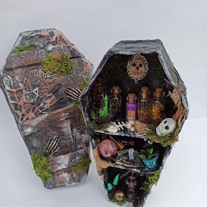 Miniature cabinet witches coffin Haunted dollhouse  furniture Witch hutch 1/12 diorama shelf Halloween decor Gothic diorama curiosity art