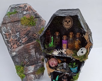 Miniature cabinet witches coffin Haunted dollhouse  furniture Witch hutch 1/12 diorama shelf Halloween decor Gothic diorama curiosity art