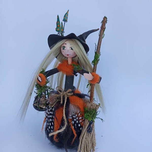 Good luck KITCHEN WITCH DOLL grey Witch with broom Fairy Figurine witch Witch Doll Collecteble witch