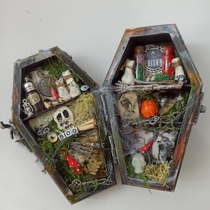 Miniature dollhouse accessories cabinet in a coffin Halloween decor  Creepy skull potions bottles apothecary Haunted horror items 1:12