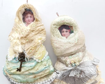 Victorian style spun cotton ornament Hanging Christmas tree figurine set of 2 vintage style dolls