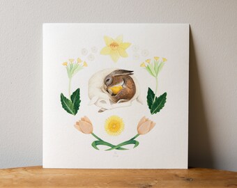 Peinture originale Pâques // Agneau, lapin et poussin dormant au milieu de fleurs - Format carré 21x21 cm