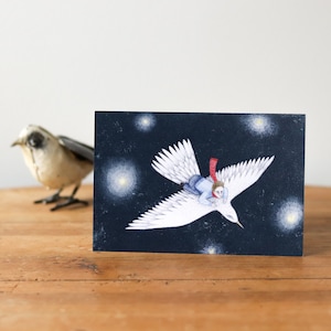 Mon royaume - carte postale, carte de vœux / Illustration d'enfant volant sur un oiseau blanc
