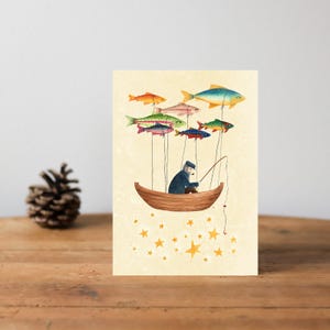 Le pêcheur - carte postale, carte de vœux / Illustration poétique barque dans les étoiles et poissons volants