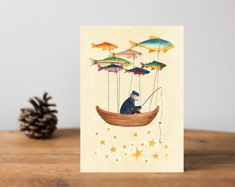 The fisherman - postcard, greeting card / Poetic illustration of a boat in the stars and flying fish