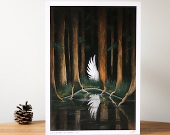 Le Nid aux espoirs - Tirage A4 signé / Affiche - Illustration poétique oiseau et forêt sombre