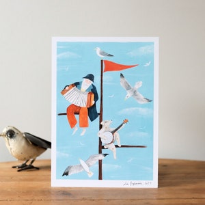 Solitudes heureuses - Tirage A5 signé édition limitée / Petite affiche -Illustration vieux marin jouant de l'accordéon et son chien au banjo