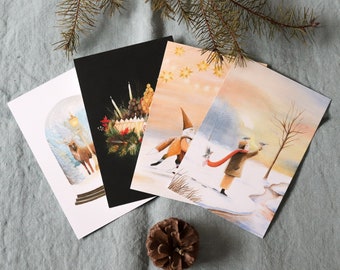 Pack de Noël 2023 - 4 cartes de vœux / Illustration balade dans la neige, repas de Noël, lutin et renard, cerf et lampadaire