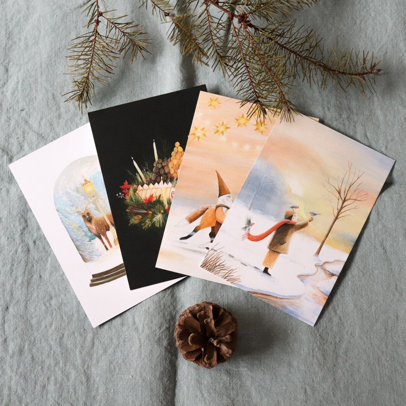 Pack de Noël 2023 4 cartes de vœux / Illustration balade dans la neige, repas de Noël, lutin et renard, cerf et lampadaire image 1