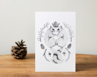 Love - postcard, greeting card / Illustration squirrels in autumn, black and white
