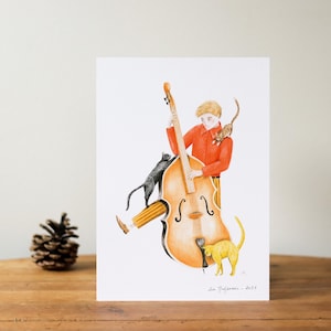 Der Kontrabassist – Signierter und nummerierter A5-Druck, limitierte Auflage / kleines Poster – Illustration Kontrabass und Katzen