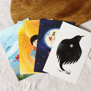 Pack "Une histoire à raconter" - 4 cartes de vœux / Illustrations enfant, oiseau imaginaire, papillons, corbeau et monde sous-marin