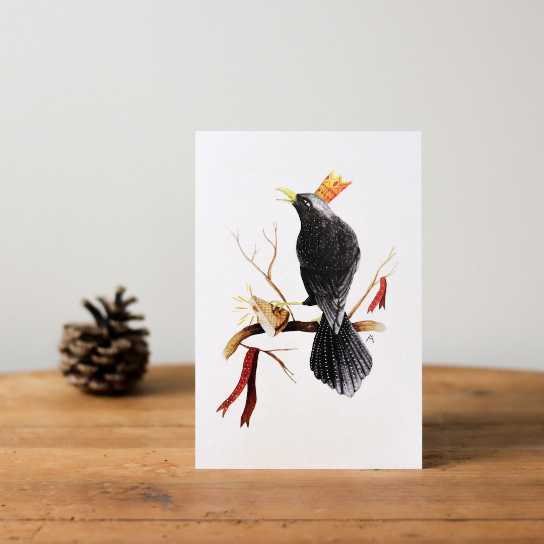 The Bean Postcard, Greeting Card / Illustration of Crow and King Cake ...