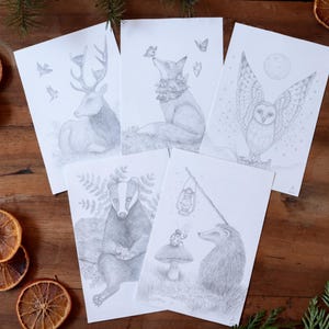 Croquis originaux "Les Gardiens des bois" - Signés format A6 (10x15 cm) - Animaux des forêts au fil des saisons