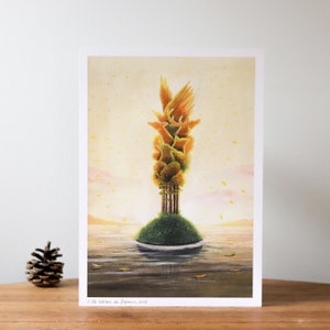 La Isla Solitaria - Impresión A4 firmada / Póster - Ilustración poética de animales tallados en árboles