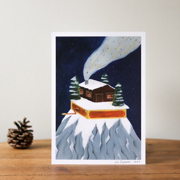 Berceuse d'hiver - Tirage A5 signé édition limitée / Petite affiche - Illustration chalet chaleureux en montagne, boite à musique