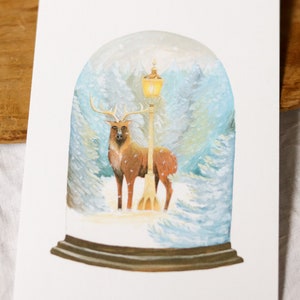 Pack de Noël 2023 4 cartes de vœux / Illustration balade dans la neige, repas de Noël, lutin et renard, cerf et lampadaire image 6