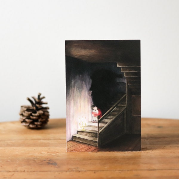 La veillée - carte postale, carte de vœux / Illustration petite fille attendant le Père Noël