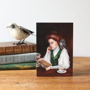 Études - carte postale, carte de vœux / Illustration portrait de femme qui lit avec une chouette