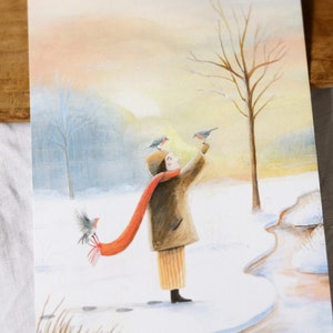 Pack de Noël 2023 4 cartes de vœux / Illustration balade dans la neige, repas de Noël, lutin et renard, cerf et lampadaire image 3