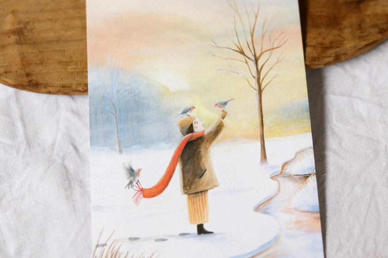 Pack de Noël 2023 4 cartes de vœux / Illustration balade dans la neige, repas de Noël, lutin et renard, cerf et lampadaire image 3