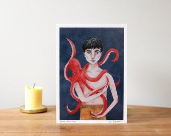 My friend - Signed A5 print / Small poster - Child & octopus illustration